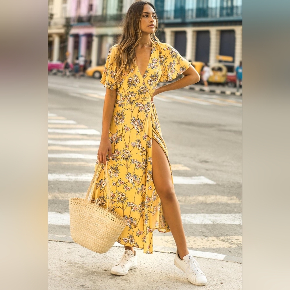 Seven Wonders Yellow Floral Wrap Dress Size 4